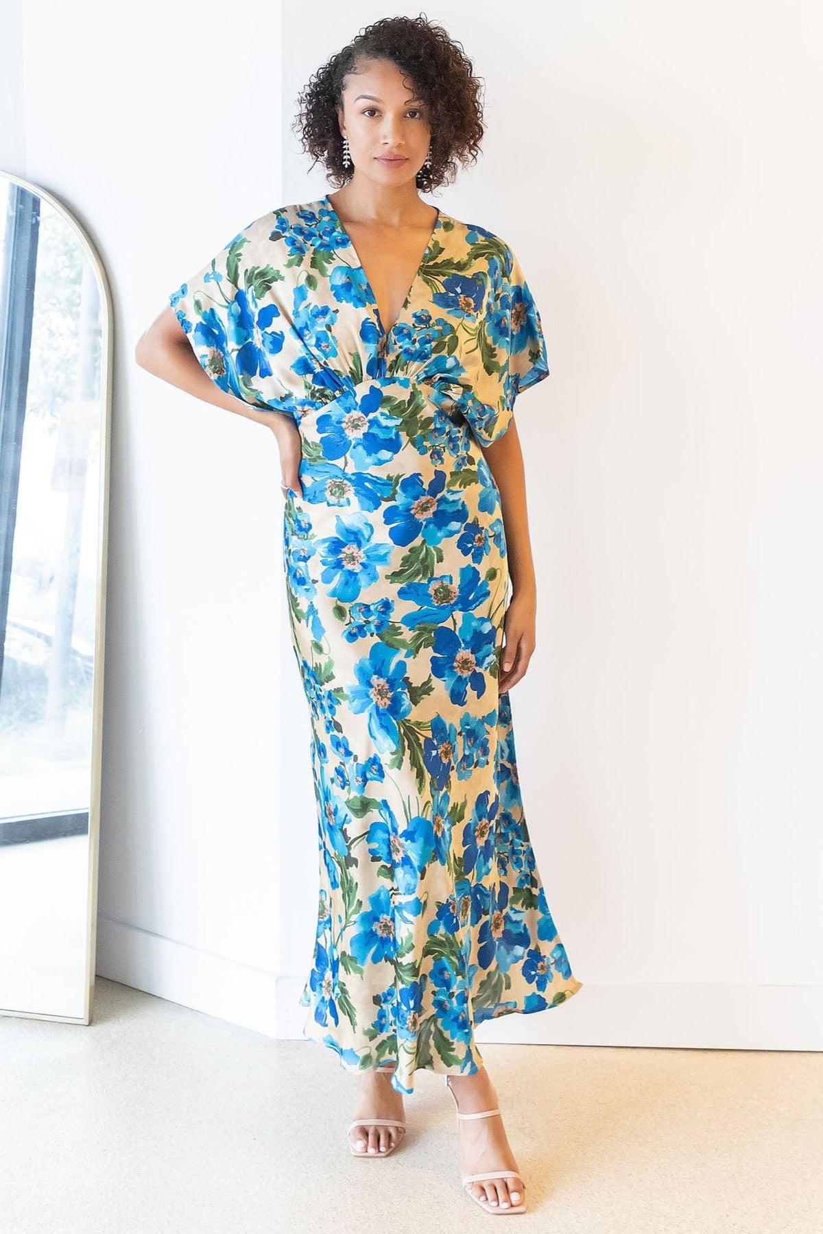 knee length dresses for ladies Foil Blouson Midi Dress with Faux Wrap Skirt in Ocean Dream main image 0
