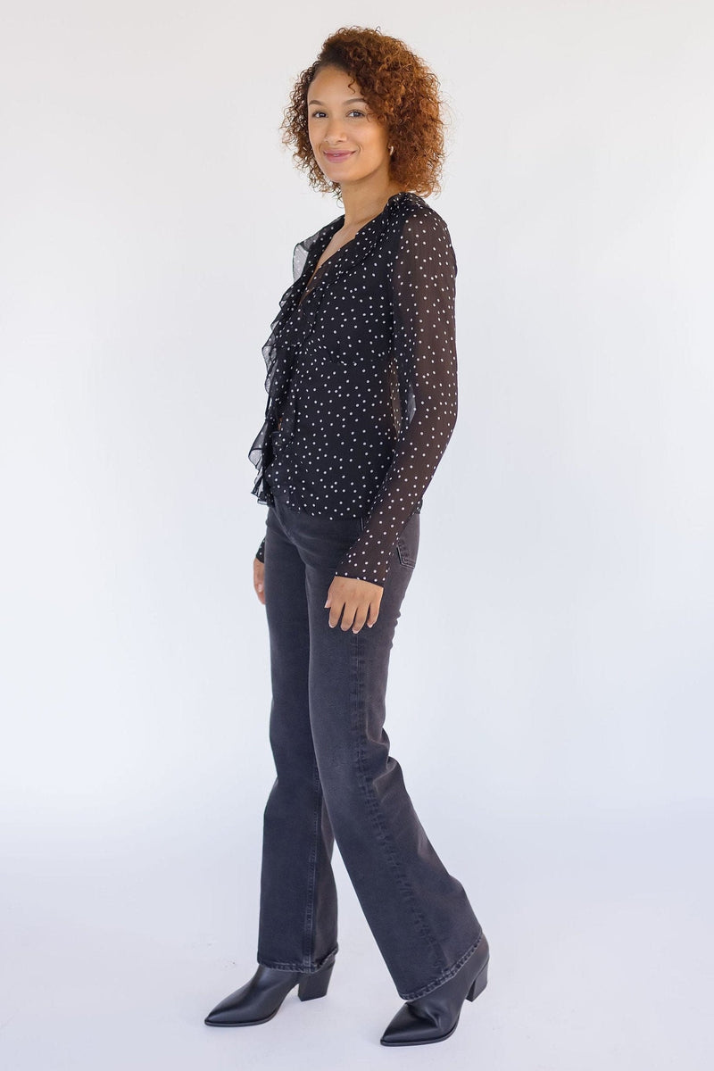 Polka Dot Print Ruffle Front Detail Long Sleeve