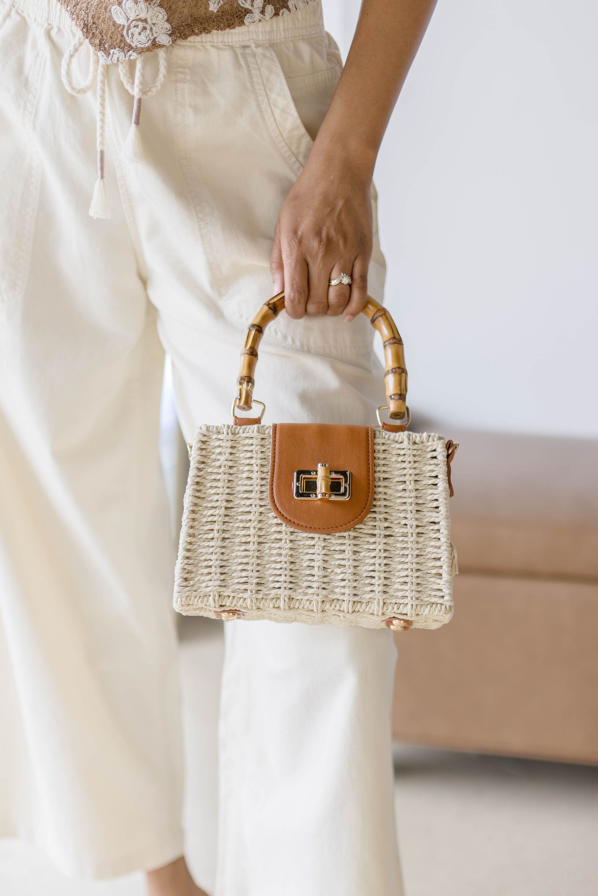 Bamboo Handle Straw Box Bag