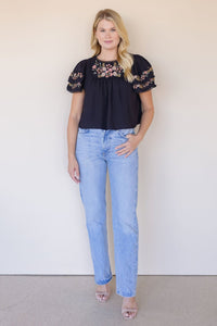 Minette Floral Embroidered Ruffle Sleeve Top