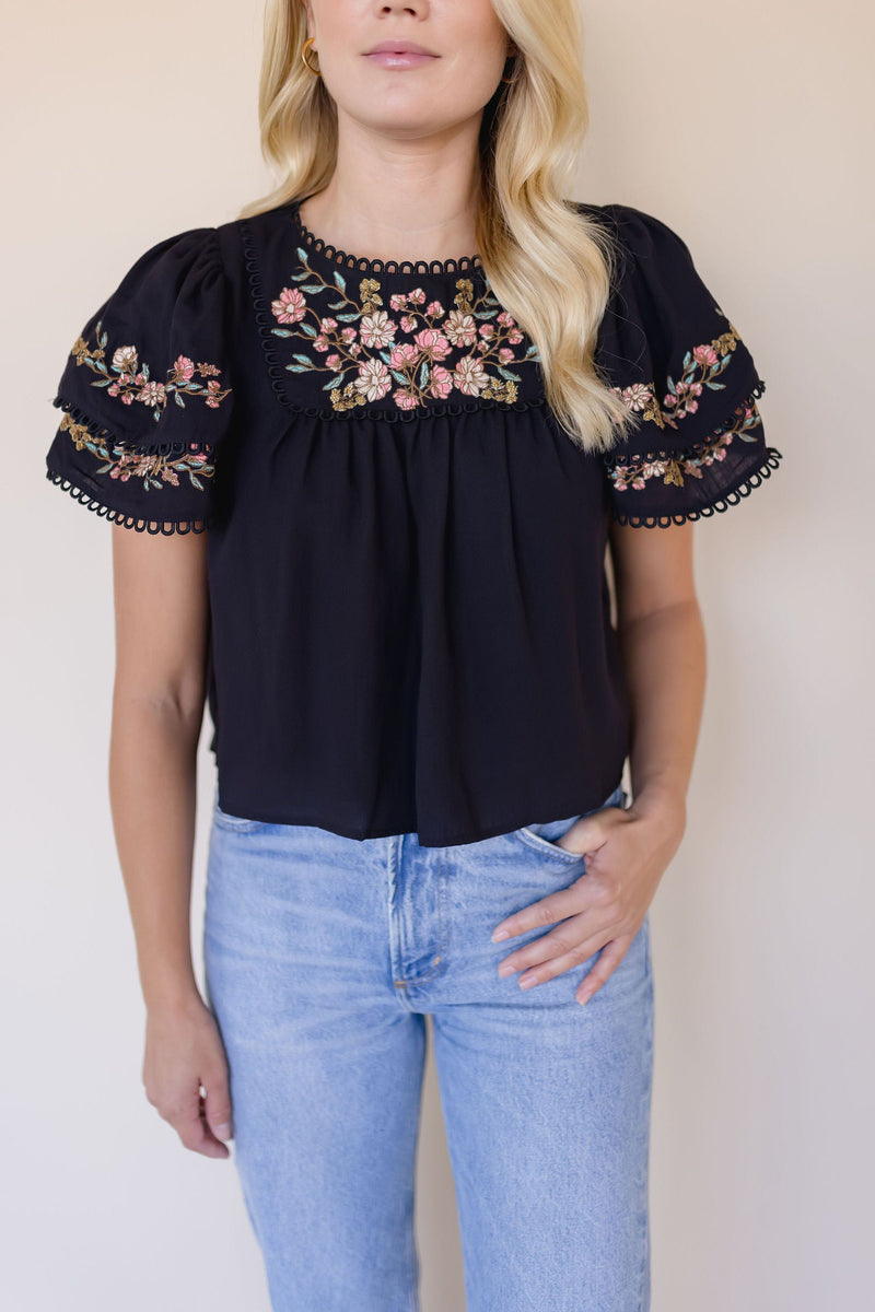 Minette Floral Embroidered Ruffle Sleeve Top