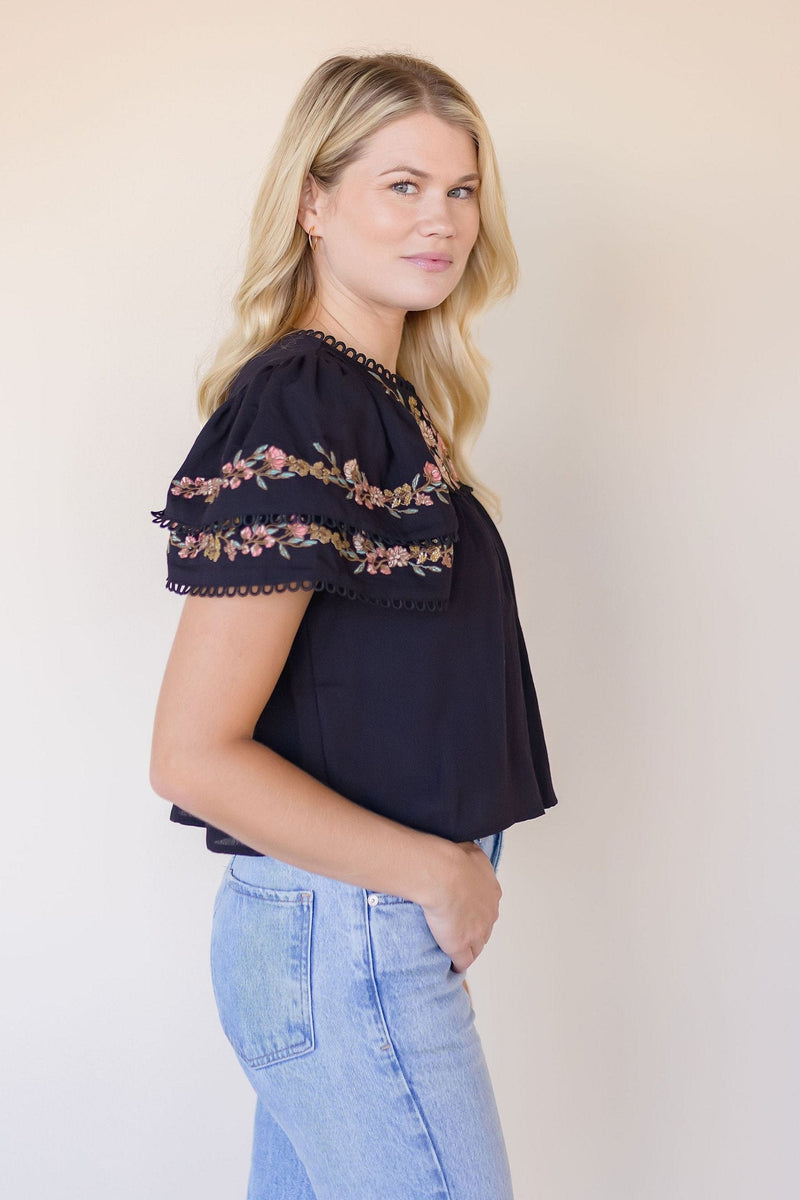 Minette Floral Embroidered Ruffle Sleeve Top