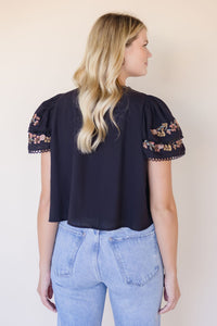 Minette Floral Embroidered Ruffle Sleeve Top