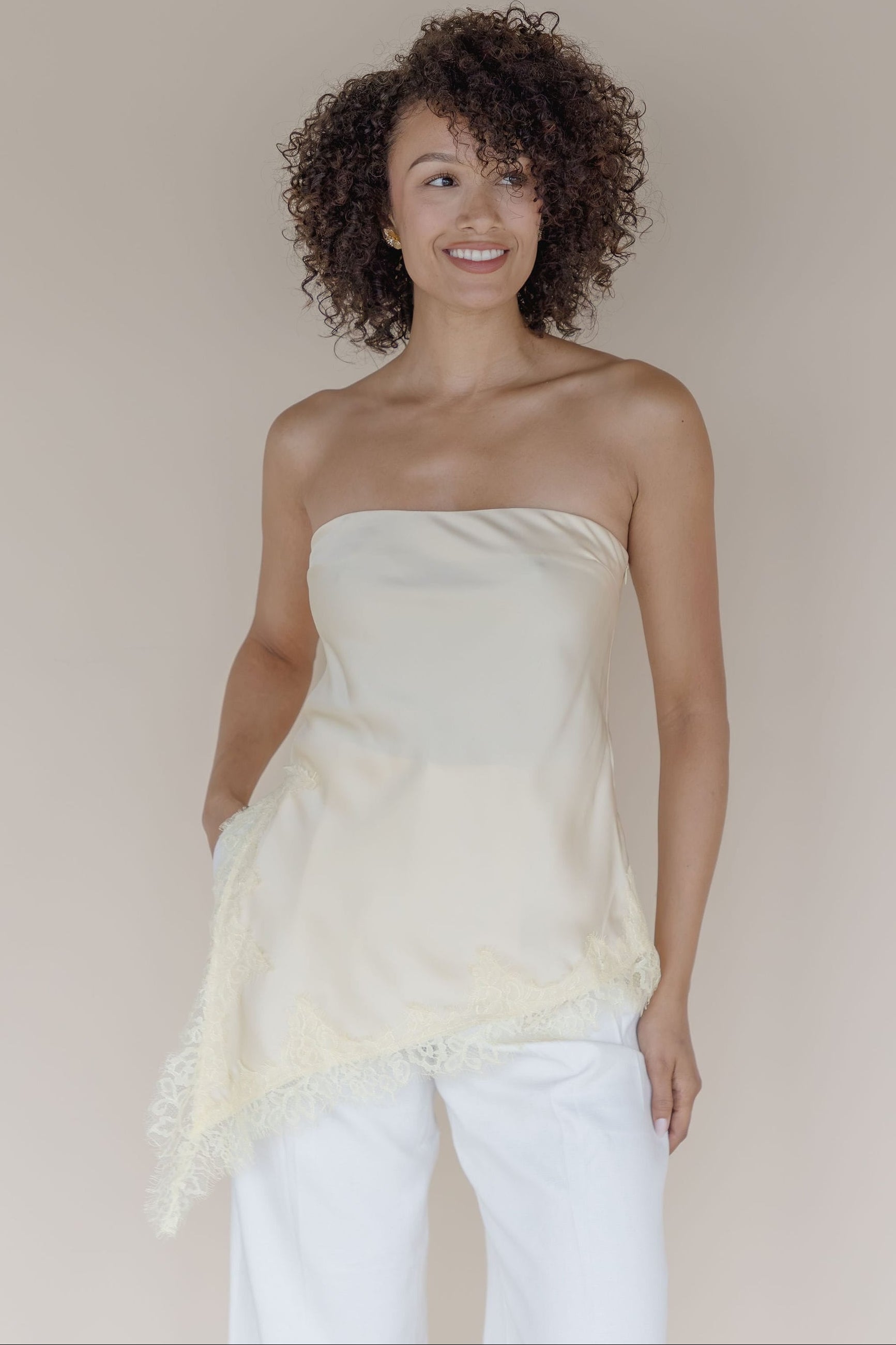 Livvy Asymmetrical Lace Trim Tube Top
