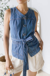 V-Neck Front Button Detail W Belt Vest Top