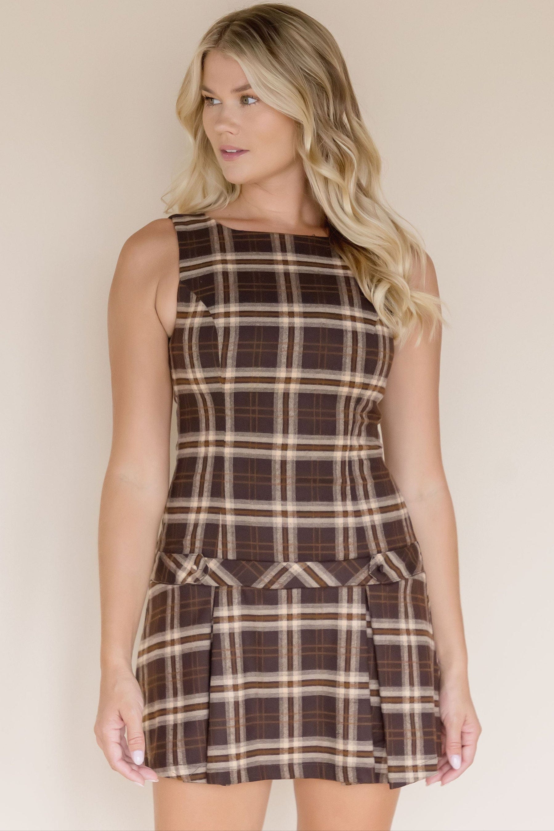 Moon River Hawthorne Drop Waist Plaid Mini Dress | Wild Dove Boutique | San Diego, CA Large / Brown Moon River Hawthorne Drop Waist Plaid Mini Dress | Wild Dove Boutique | San Diego, CA Large / Brown