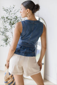V-Neck Front Button Detail W Belt Vest Top