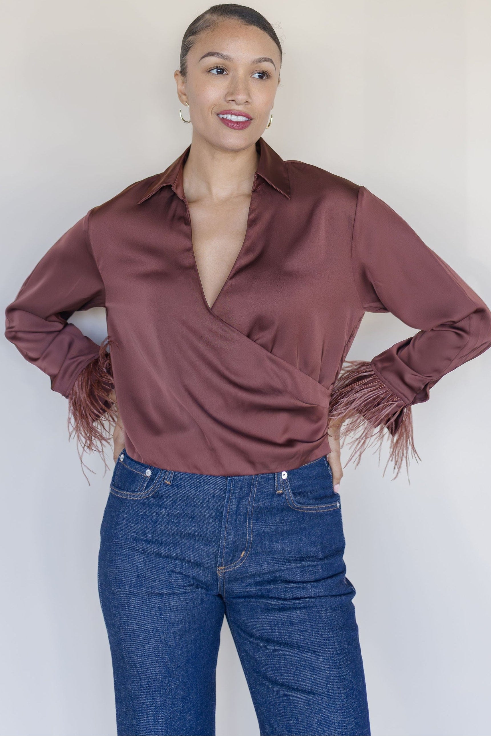 Catrina Satin Feather Trim Top Catrina Satin Feather Trim Top