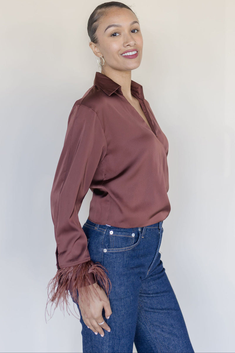 Catrina Satin Feather Trim Top Catrina Satin Feather Trim Top