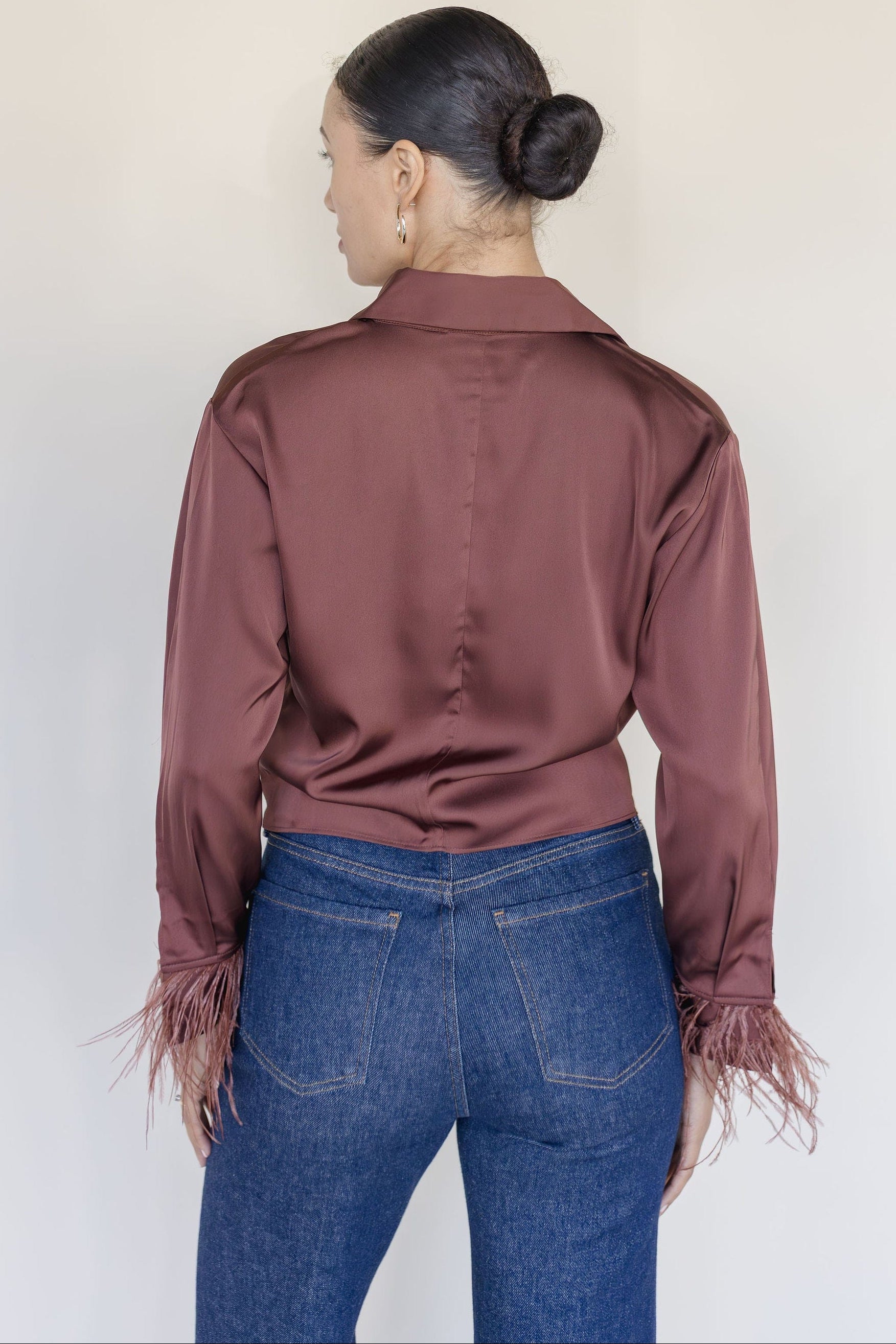 Catrina Satin Feather Trim Top Catrina Satin Feather Trim Top