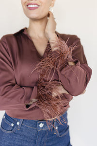 Catrina Satin Feather Trim Top Catrina Satin Feather Trim Top