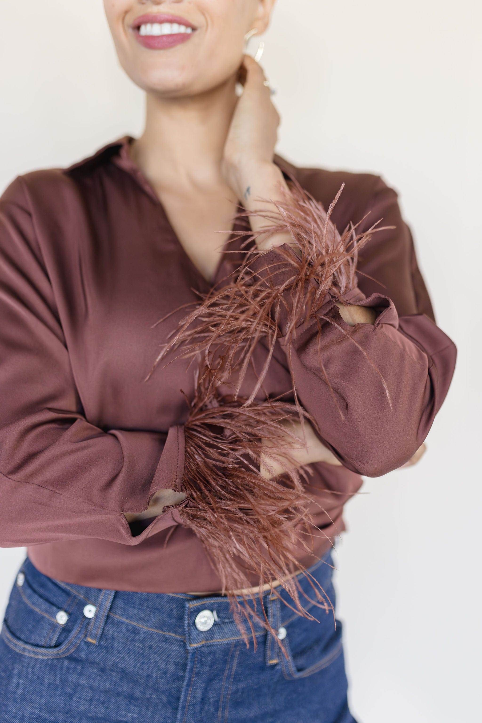 Catrina Satin Feather Trim Top Catrina Satin Feather Trim Top