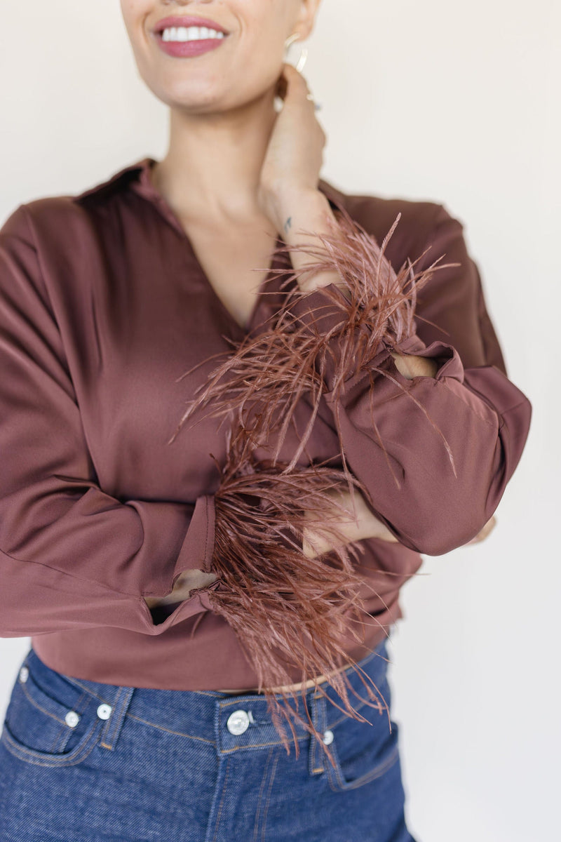 Catrina Satin Feather Trim Top Catrina Satin Feather Trim Top