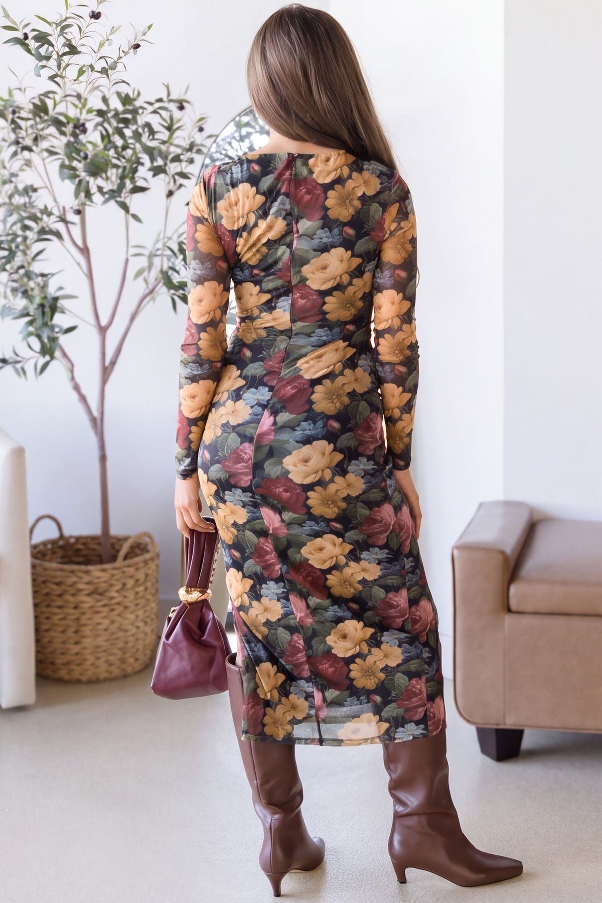 Delina Long Sleeve Mesh Midi Dress