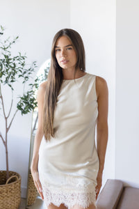 Faye Low Back Lace Trim Satin Mini Dress