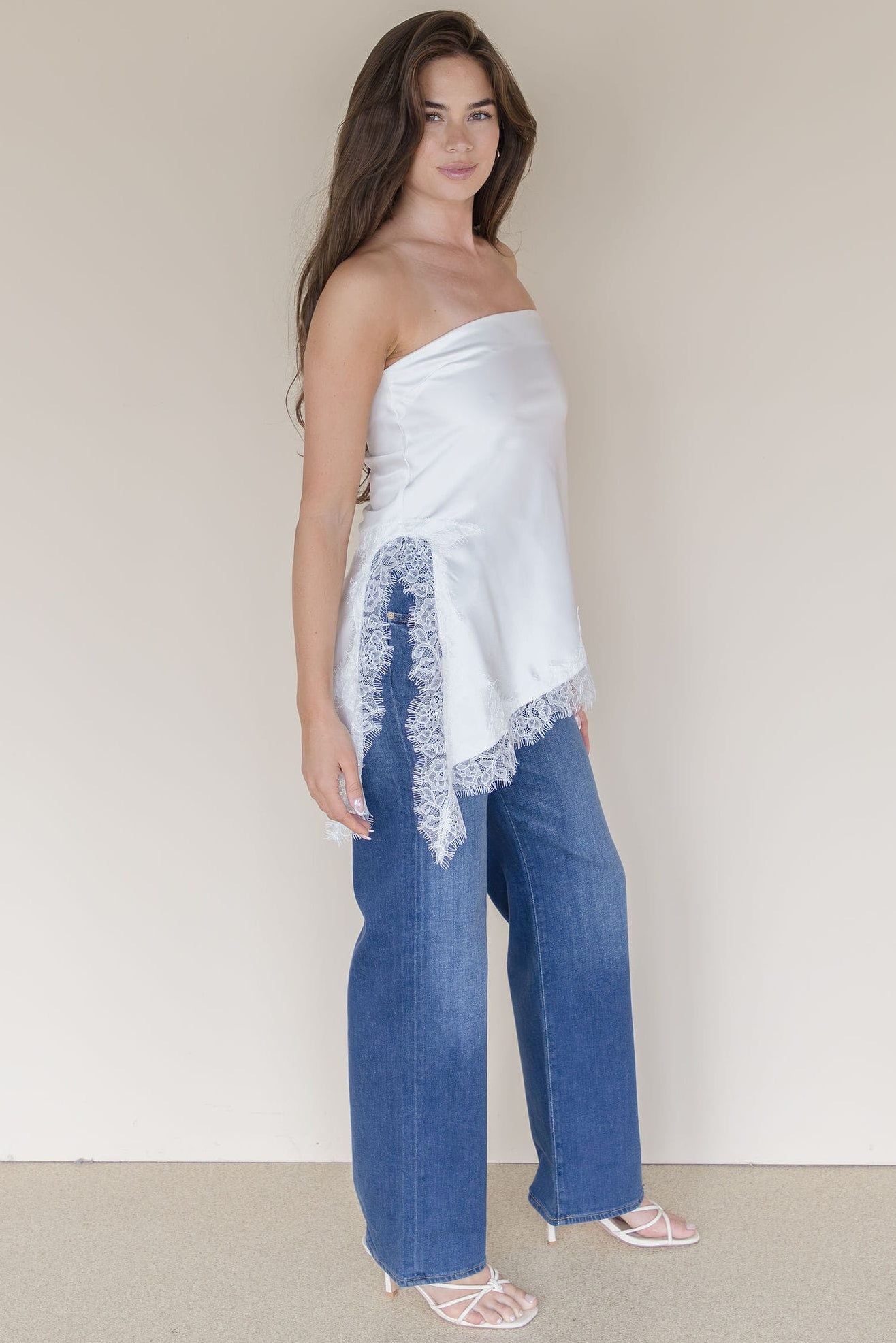 Livvy Asymmetrical Lace Trim Tube Top