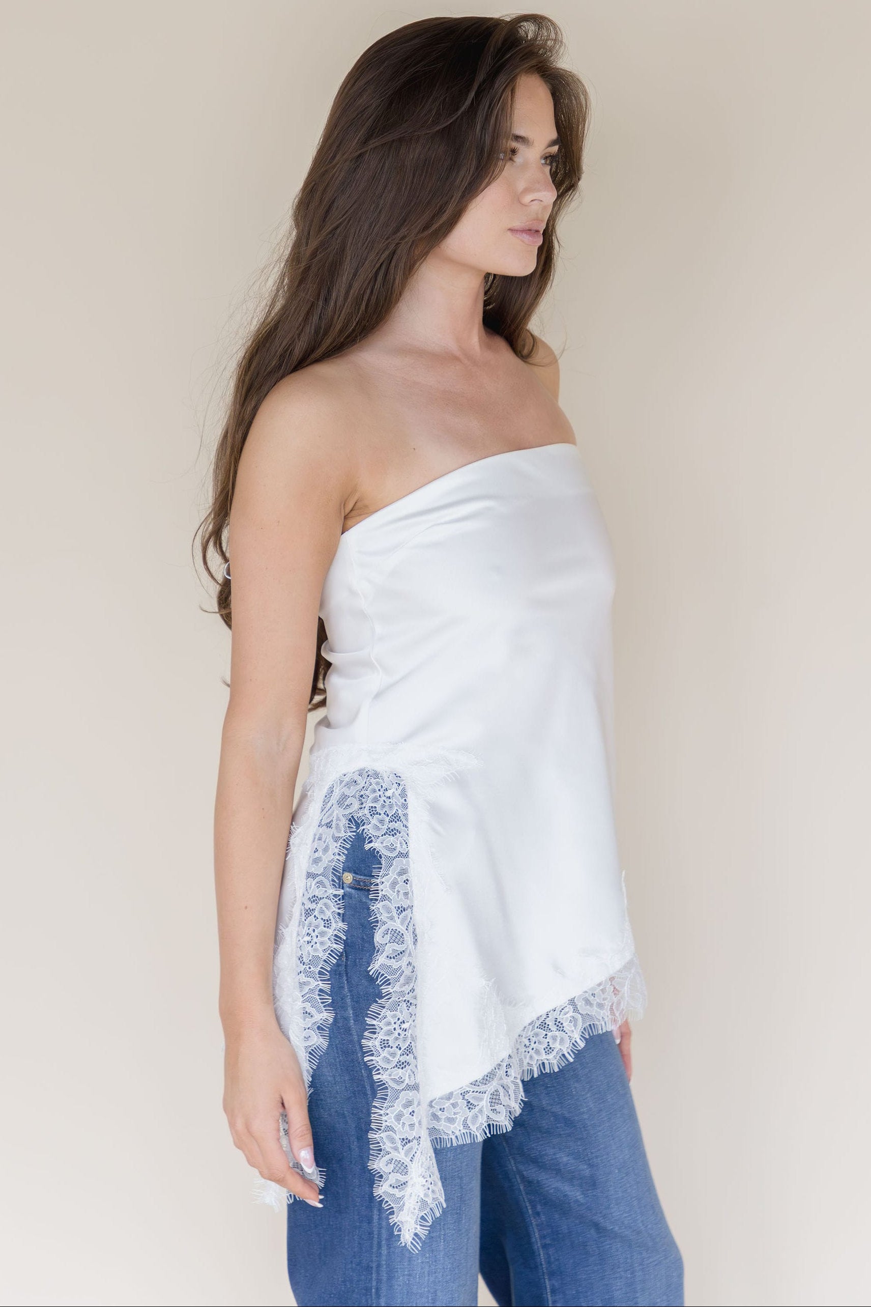 Livvy Asymmetrical Lace Trim Tube Top
