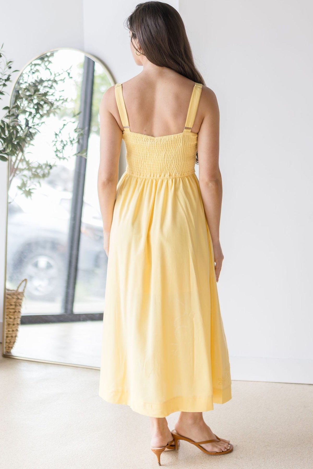 yellow eyelet midi dress Emrick V Neck Short Sleeve Midi Dress