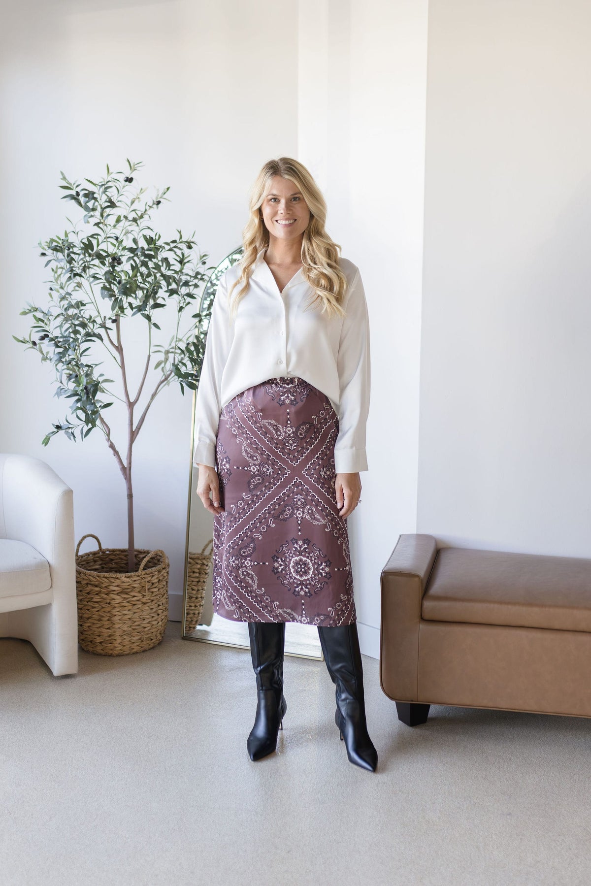 Paisley Elastic Waist Midi Skirt
