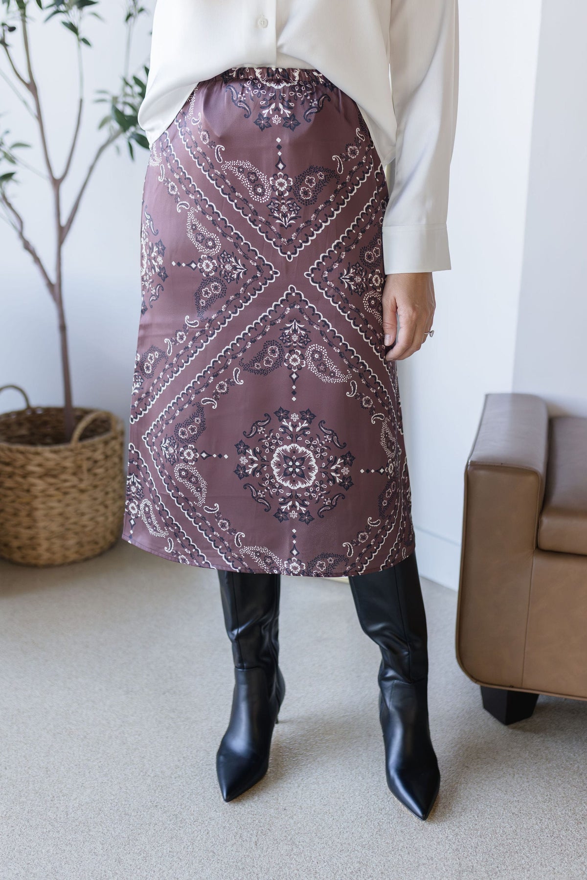 Paisley Elastic Waist Midi Skirt