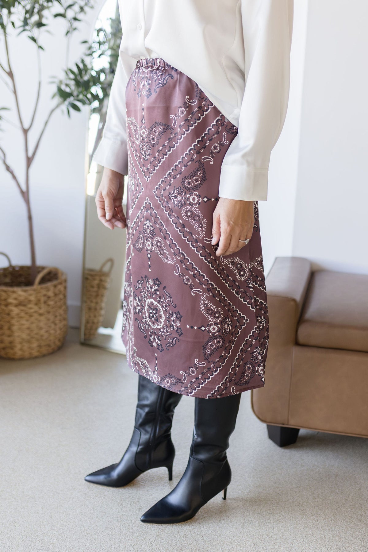 Paisley Elastic Waist Midi Skirt
