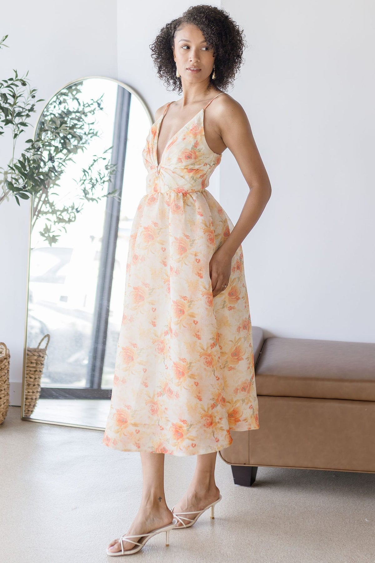 plunge midi dress ASTR the Label | Janna Floral in Orange Floral style_group:Nadia Velvet Dress 125cm This style falls For Love and Lemons Color:Yellow Pink Floral