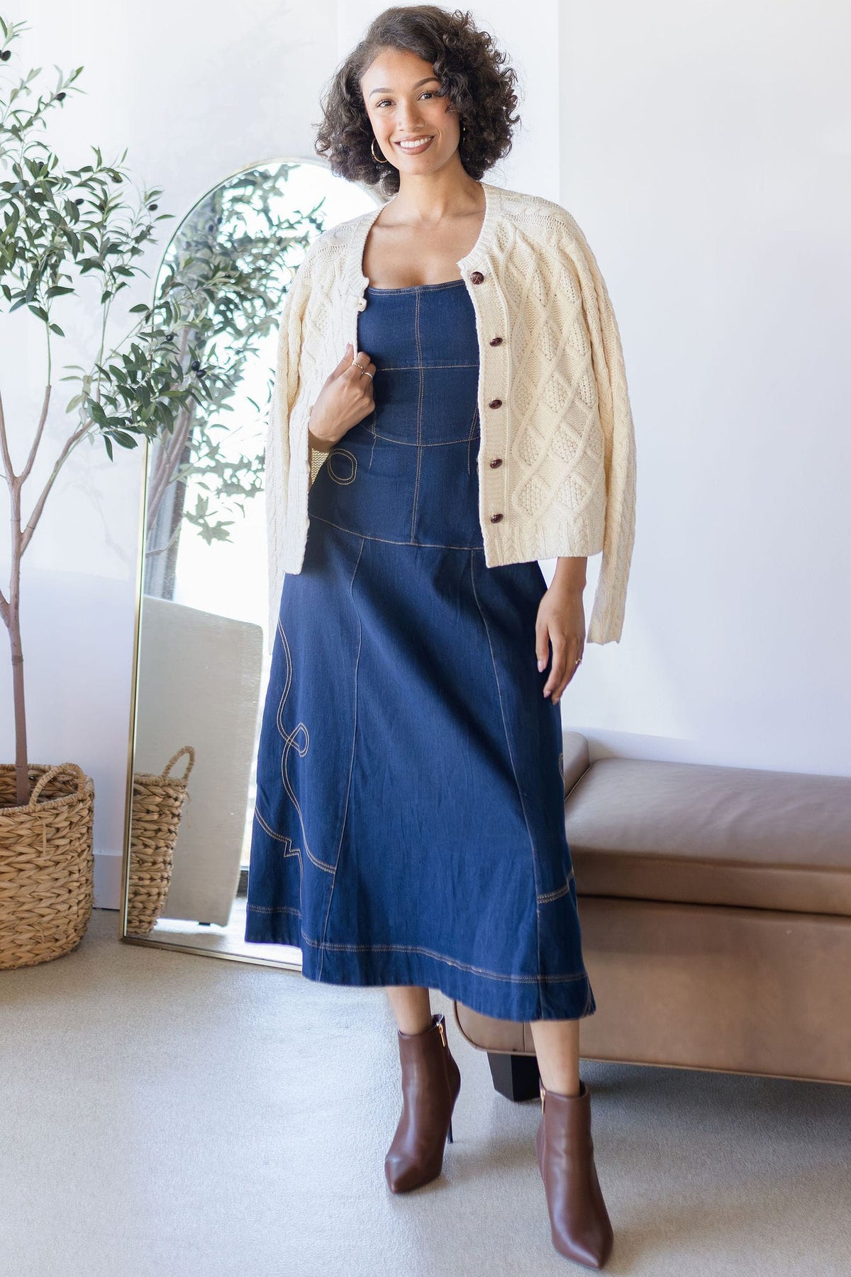 Western Embroidered Denim Midi Dress
