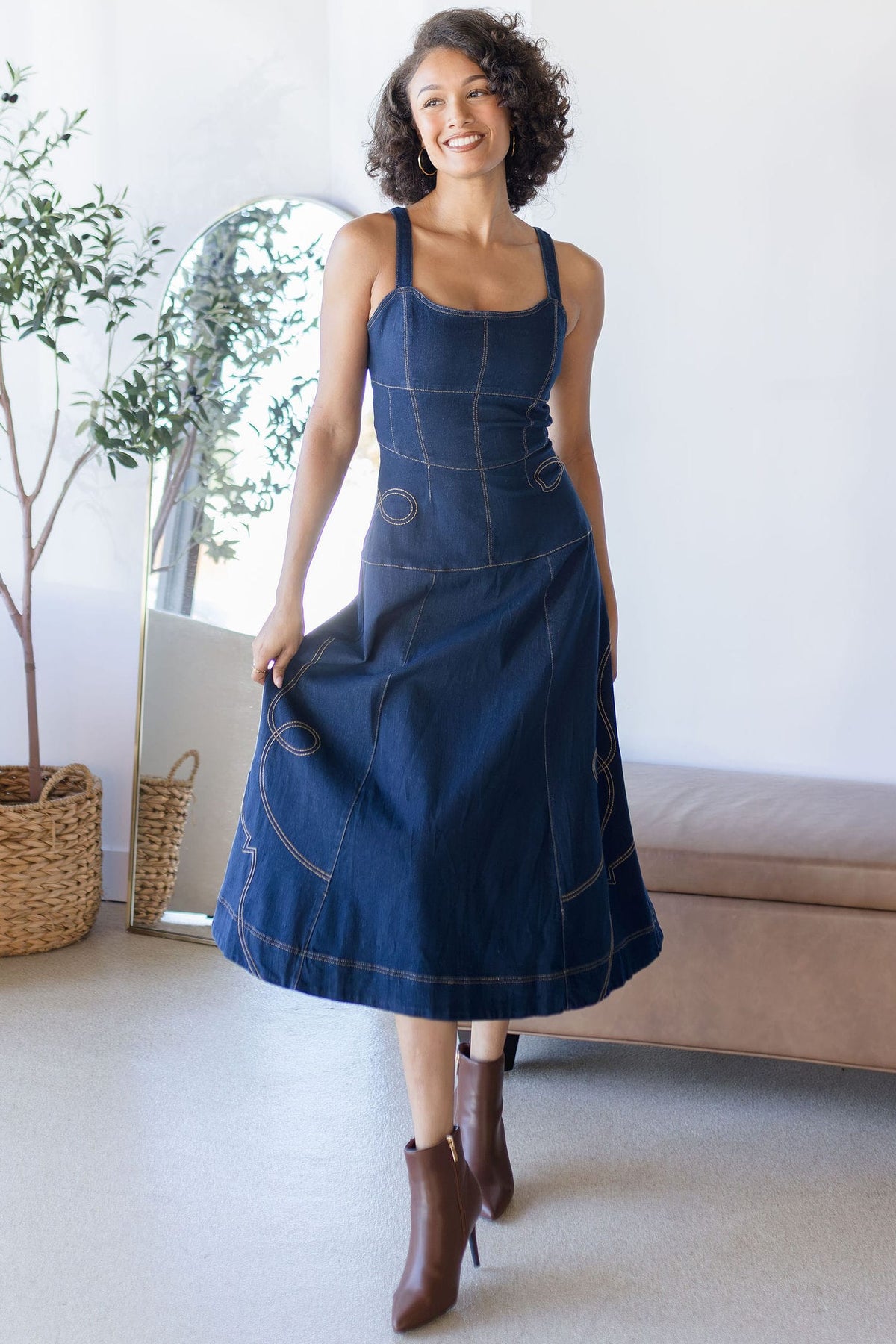 Western Embroidered Denim Midi Dress