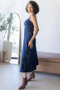 Western Embroidered Denim Midi Dress
