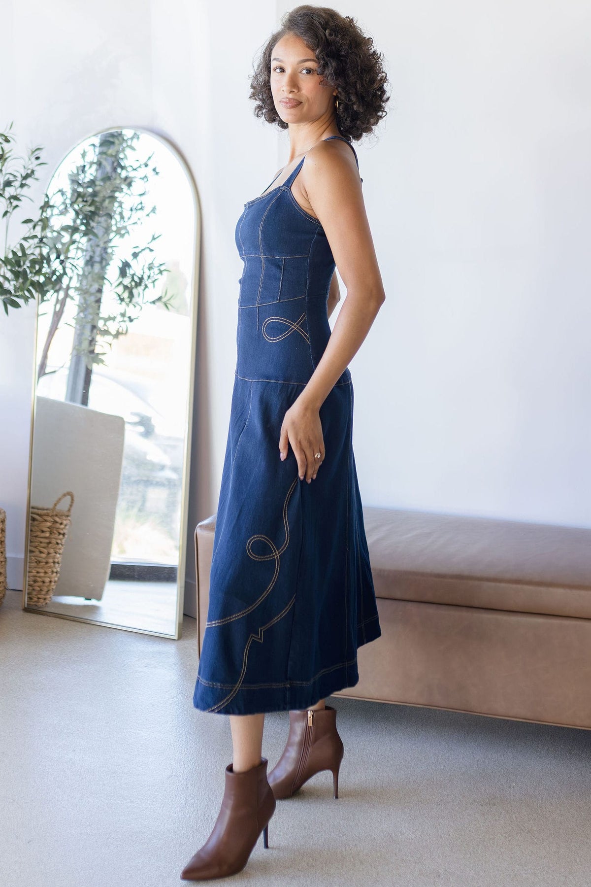 Western Embroidered Denim Midi Dress