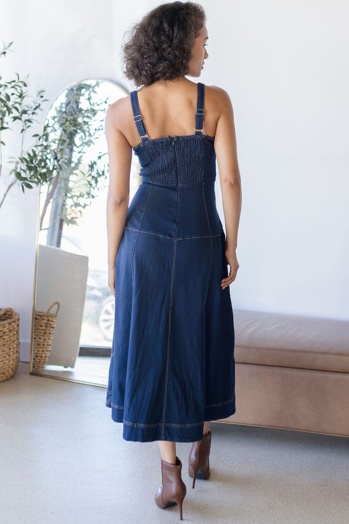 Western Embroidered Denim Midi Dress