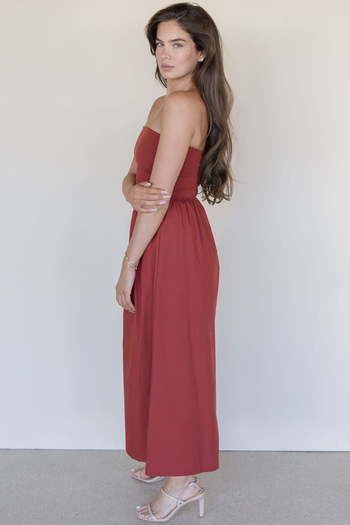 Elton Mixed Media Strapless Maxi Dress