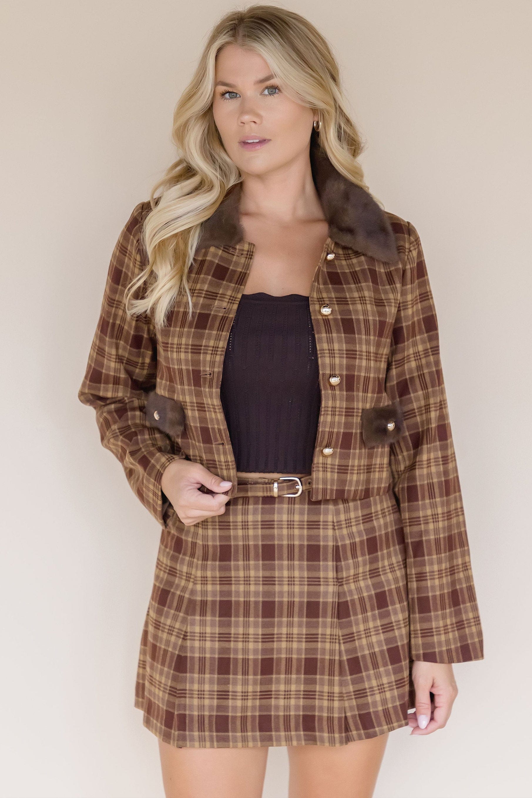 Harland Plaid Fur Trim Crop Jacket Harland Plaid Fur Trim Crop Jacket