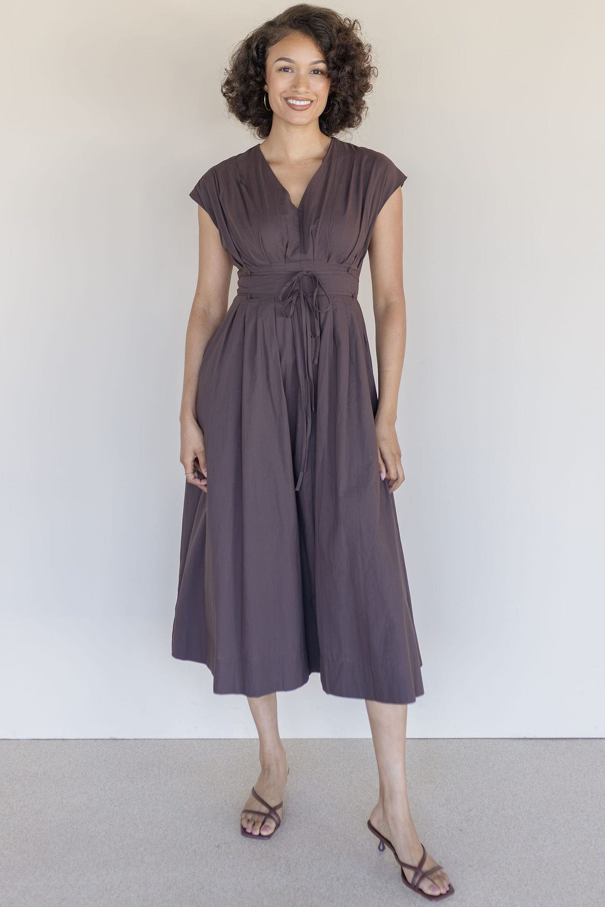 Pleated V Neck Midi Dress