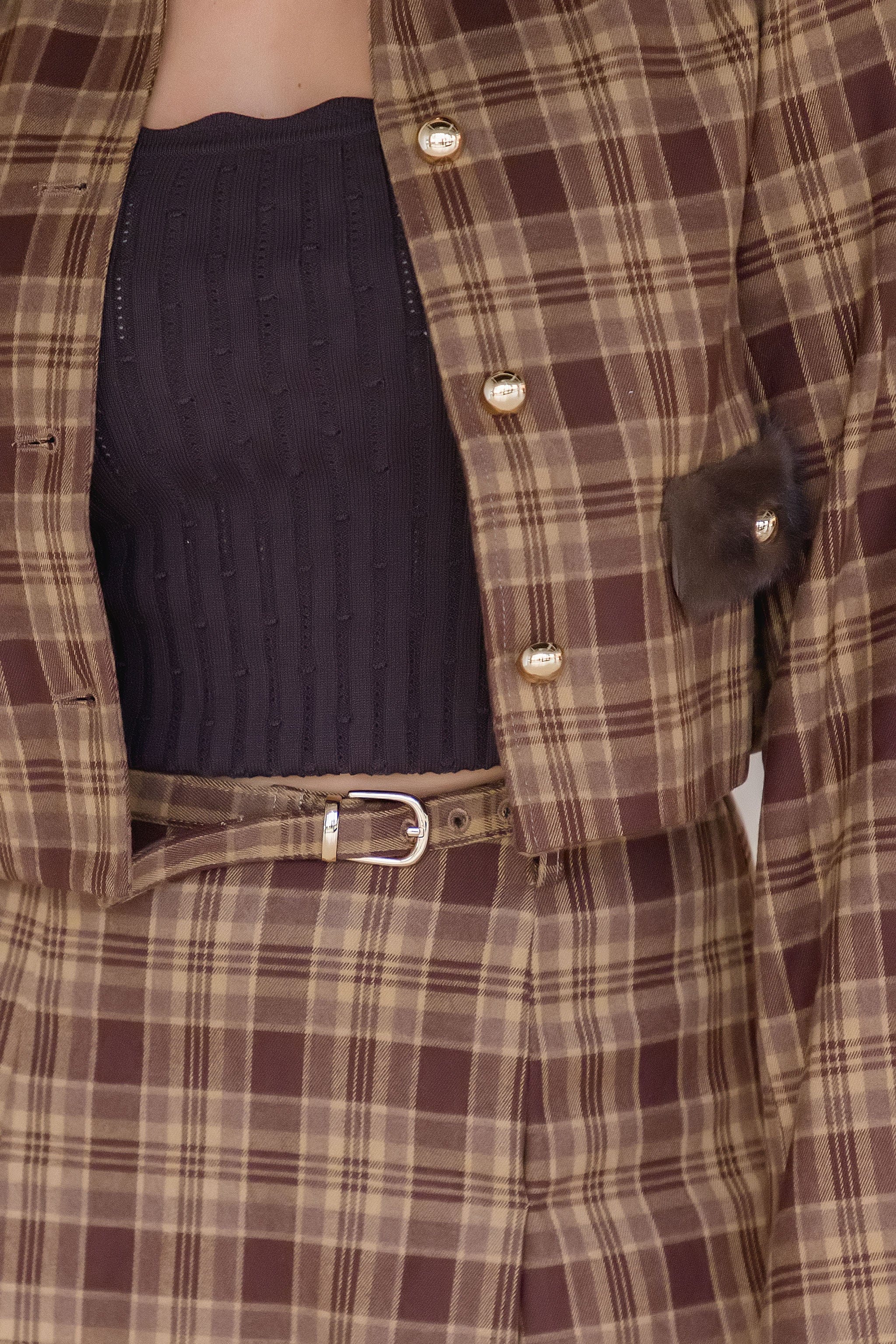 Harland Plaid Fur Trim Crop Jacket Harland Plaid Fur Trim Crop Jacket