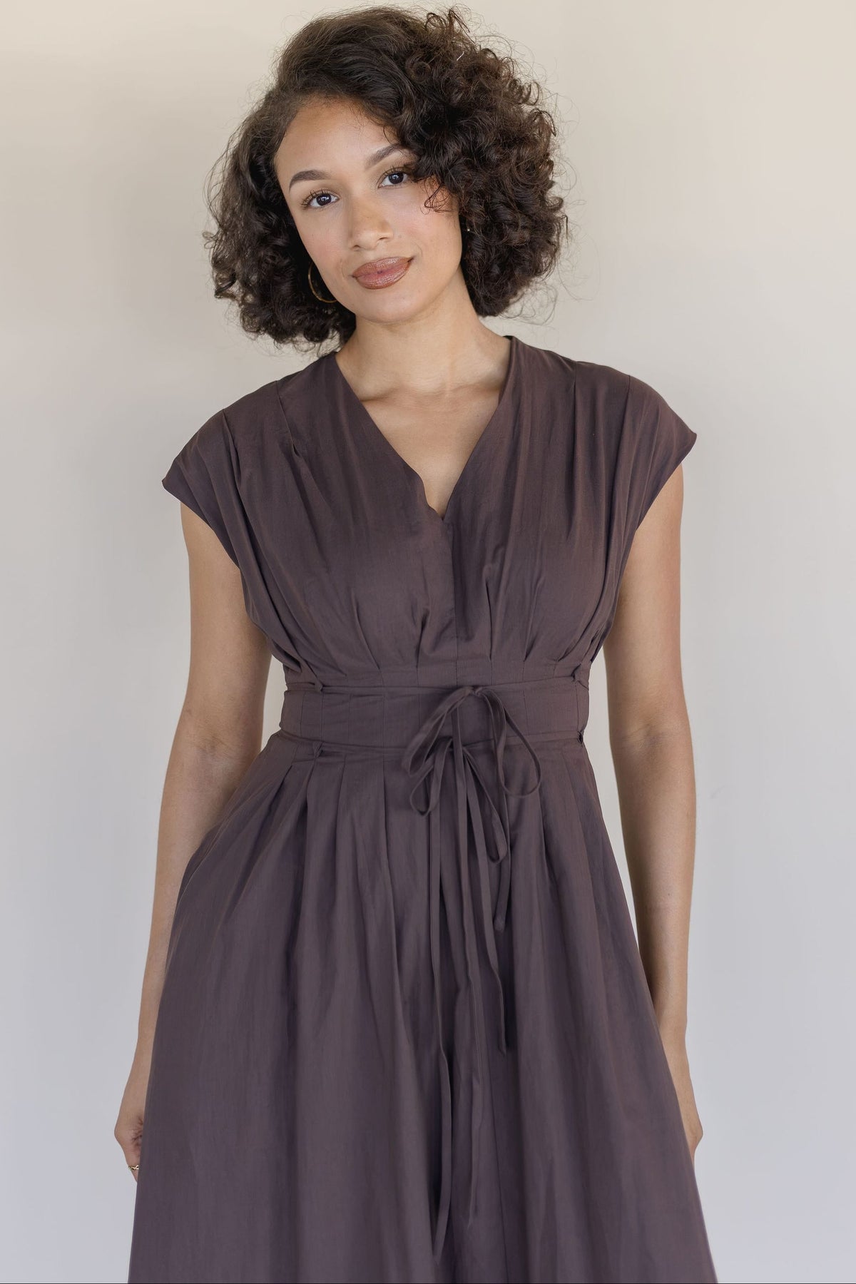 Pleated V Neck Midi Dress