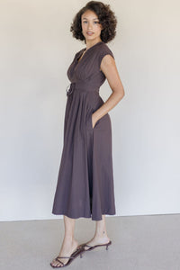 Pleated V Neck Midi Dress