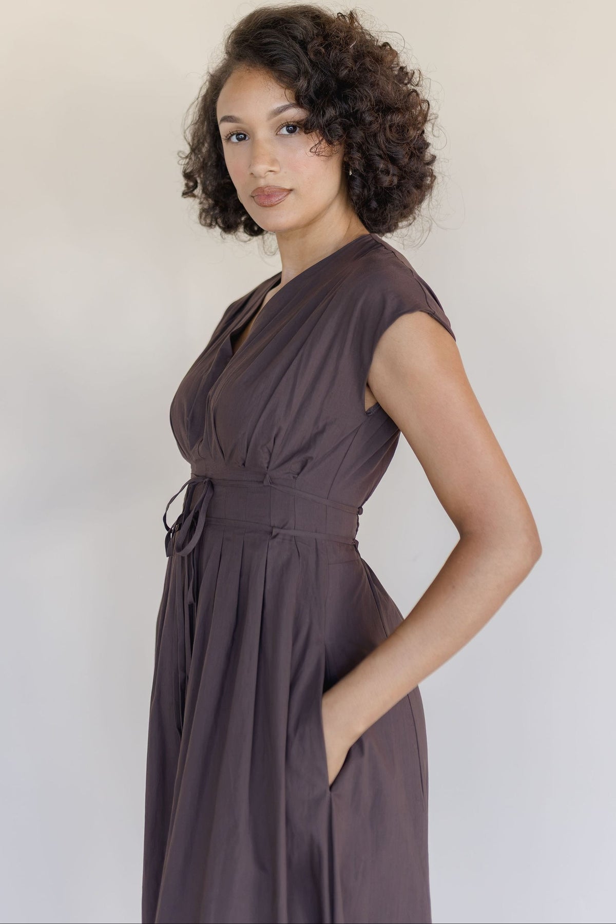 Pleated V Neck Midi Dress