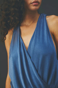 blue plunging v-neckline bodysuit with pleating throughout