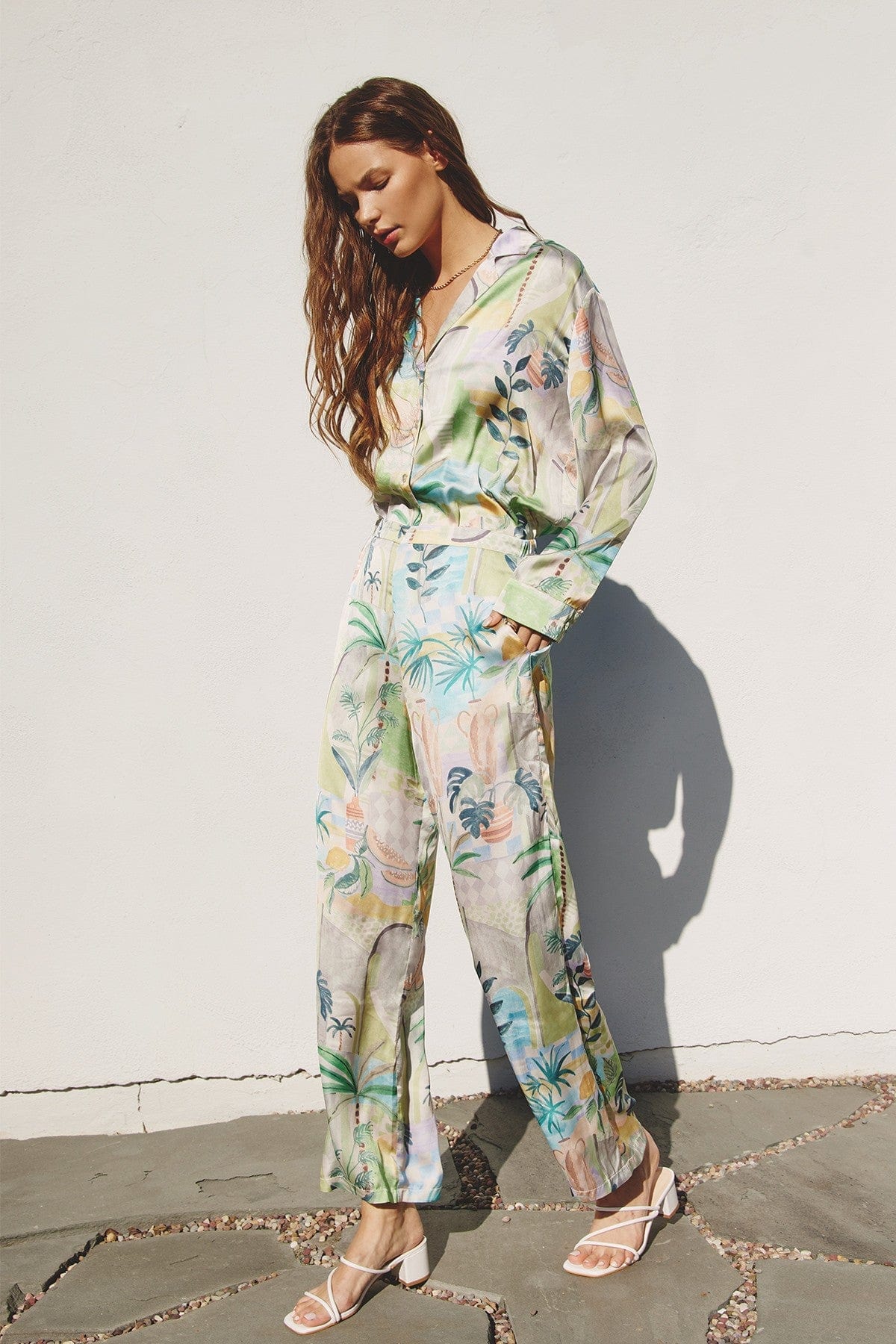 paradise tropical printed satin button down and pant set