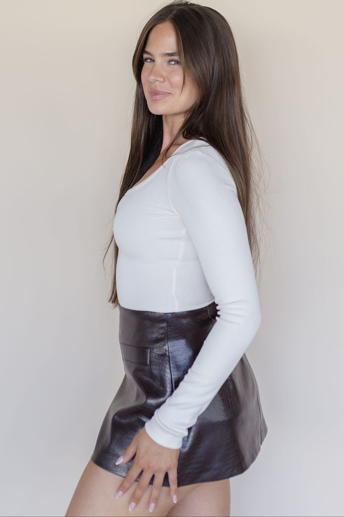 Harper Avery Fallon Croc Leather Mini Skort Chocolate