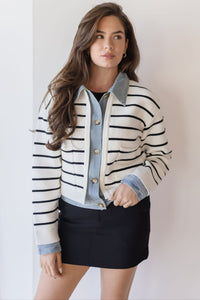 Harper Avery Maribelle Stripe Knit & Denim Cardigan Cream