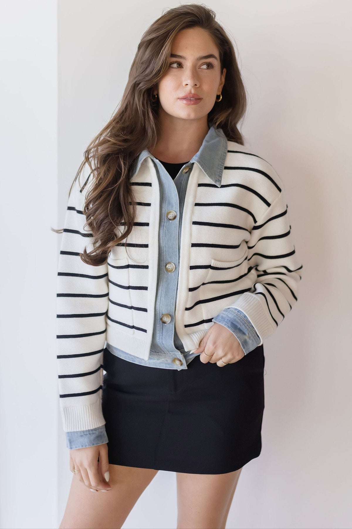 Harper Avery Maribelle Stripe Knit & Denim Cardigan Cream