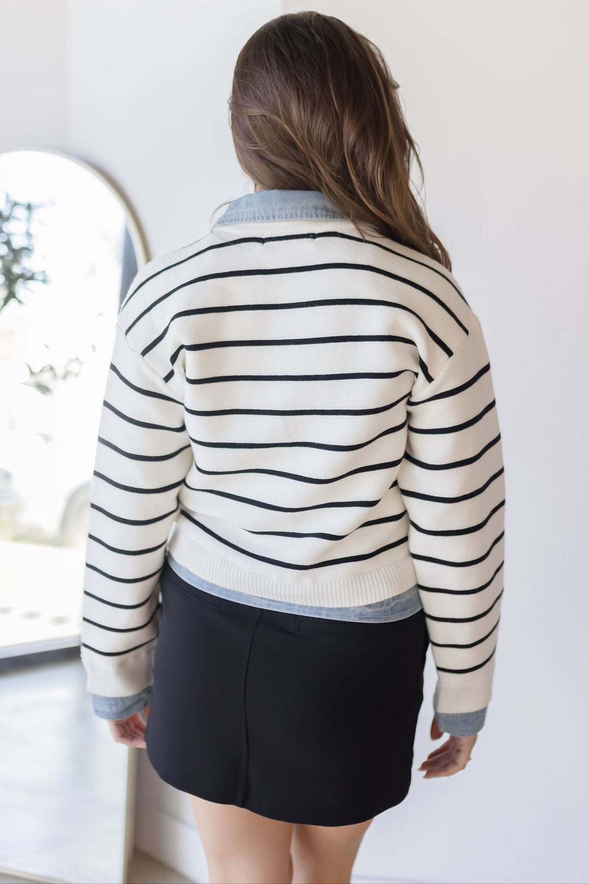 Harper Avery Maribelle Stripe Knit & Denim Cardigan Cream
