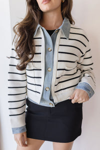 Harper Avery Maribelle Stripe Knit & Denim Cardigan Cream