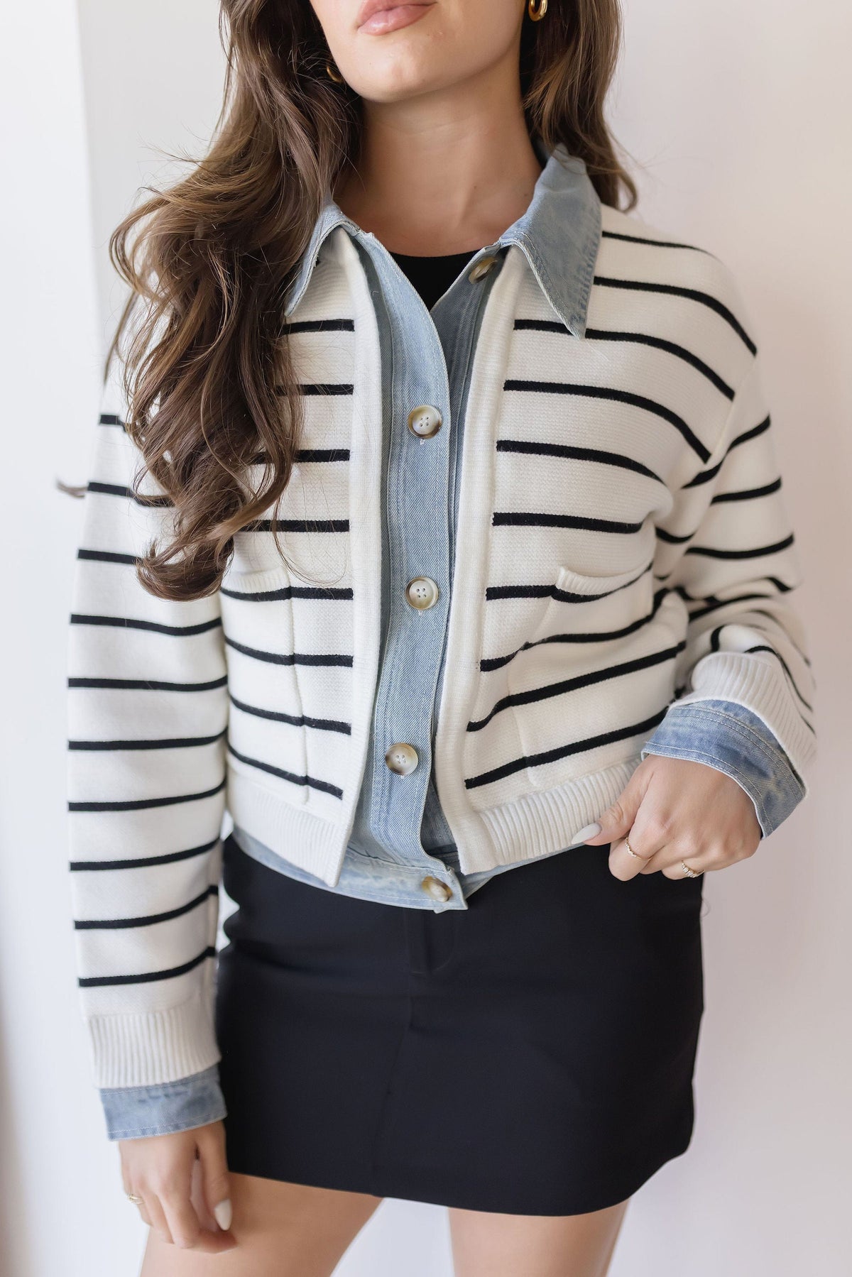 Harper Avery Maribelle Stripe Knit & Denim Cardigan Cream