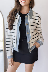 Harper Avery Maribelle Stripe Knit & Denim Cardigan Cream