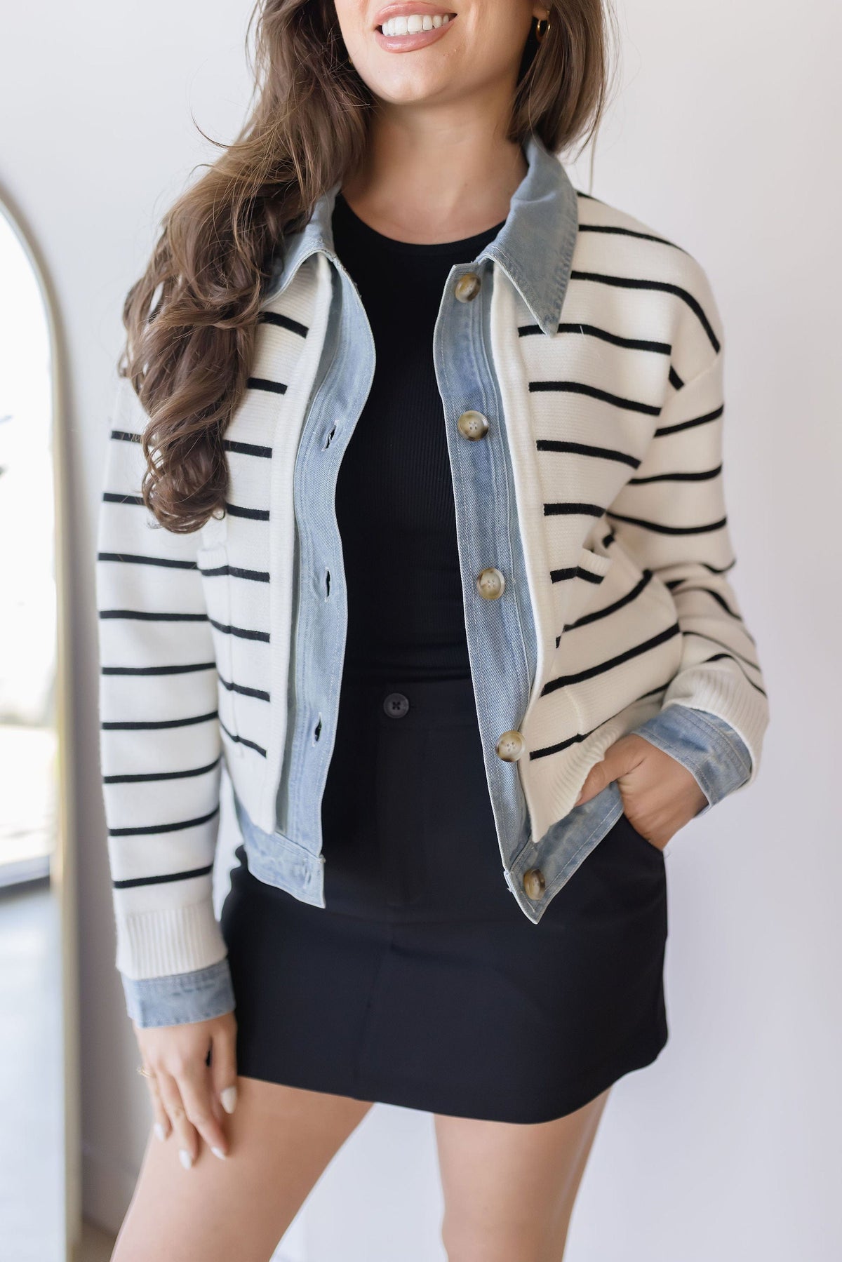 Harper Avery Maribelle Stripe Knit & Denim Cardigan Cream