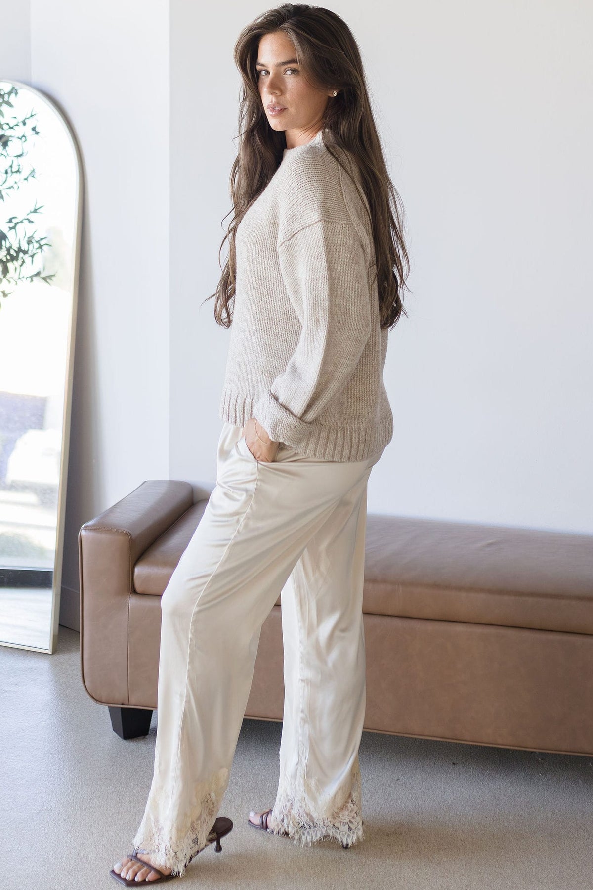 Lunette Chandler Lace Trim Satin Pant Cream