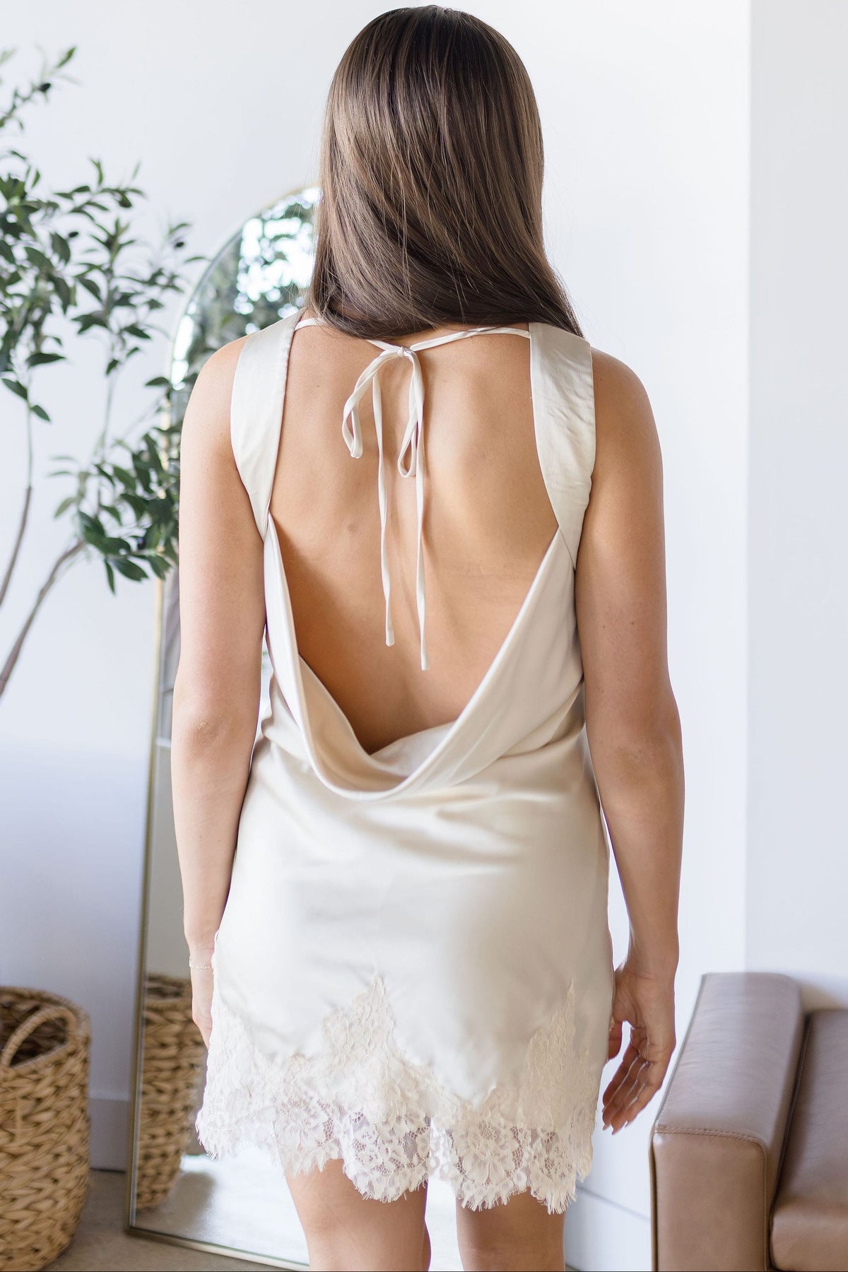 Lunette Faye Low Back Lace Trim Satin Mini Dress Cream